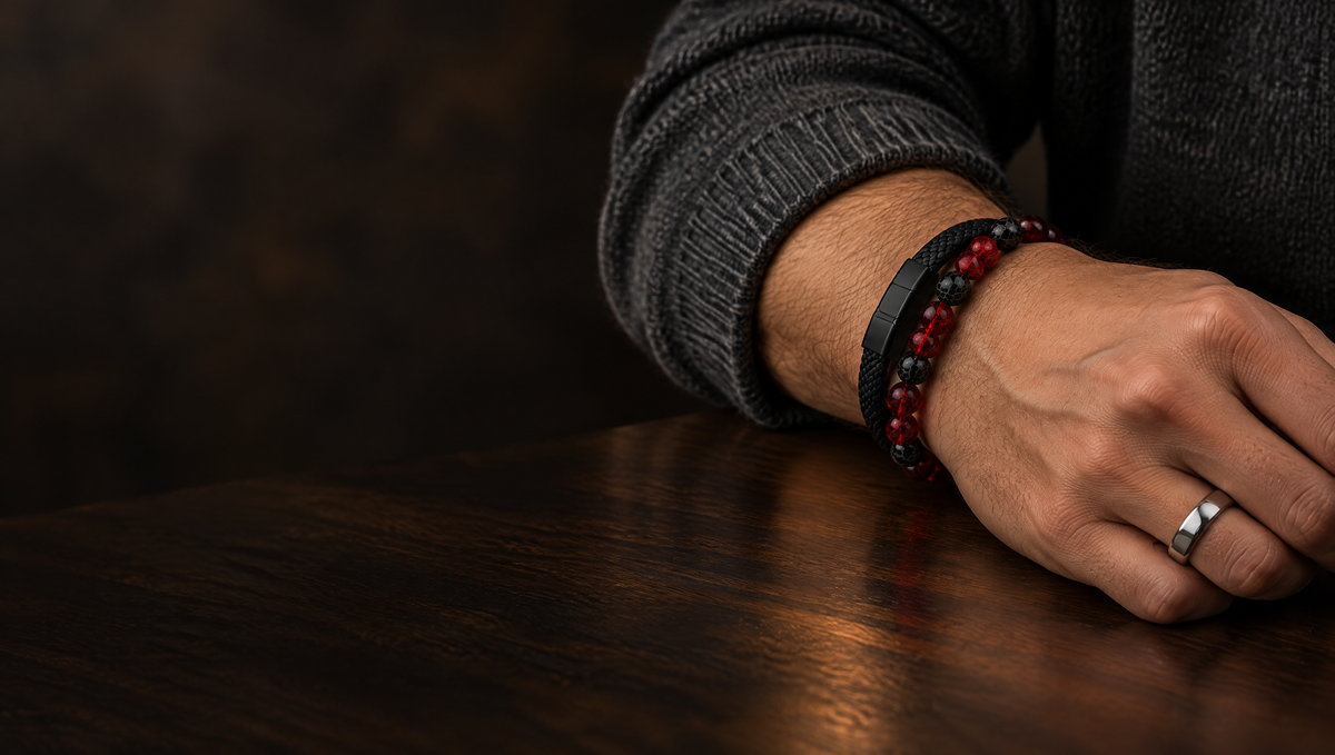 Man's wrist wearing Forenoir braided and beaded bracelets with a tungsten band ring