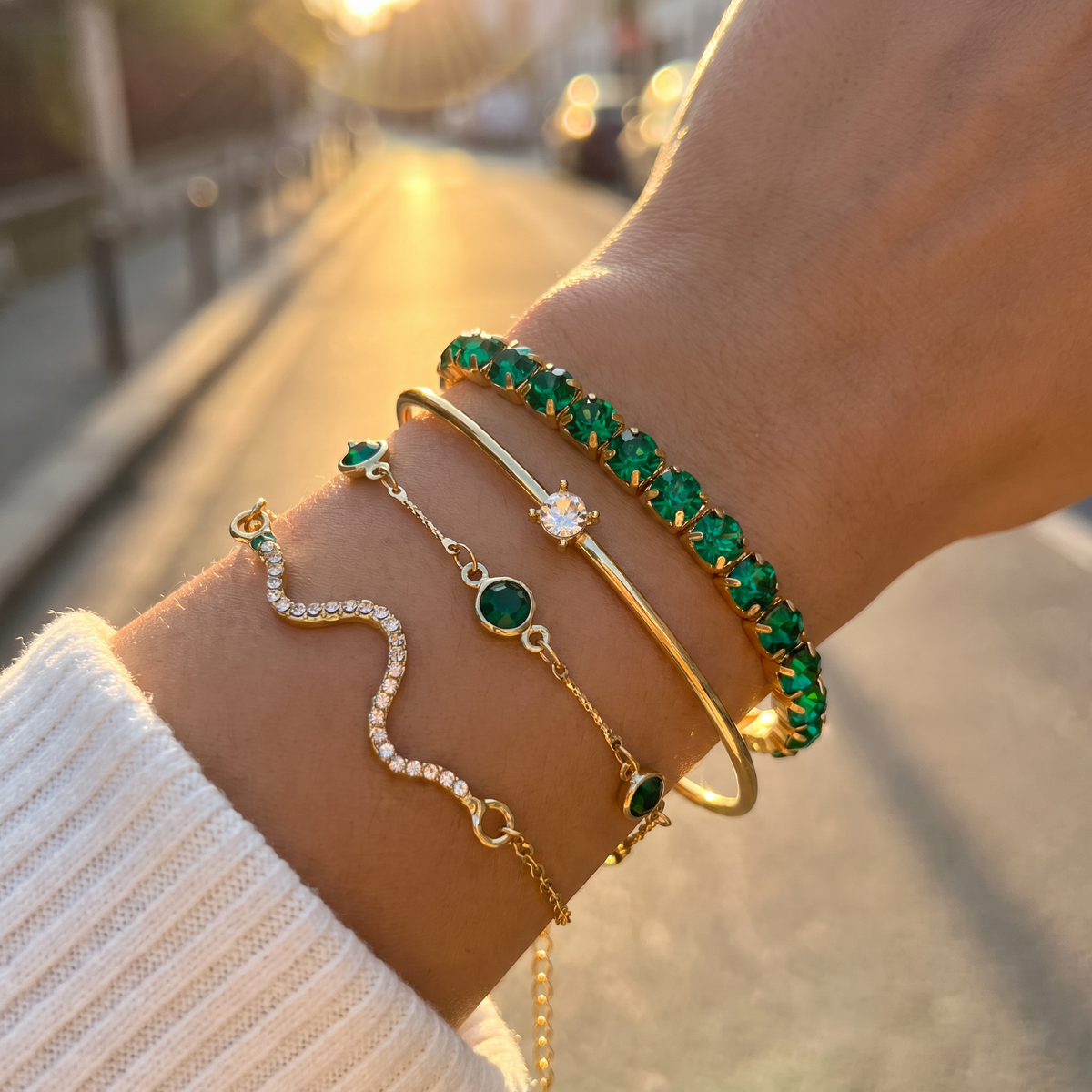 Verena bracelet stack worn in golden hour light
