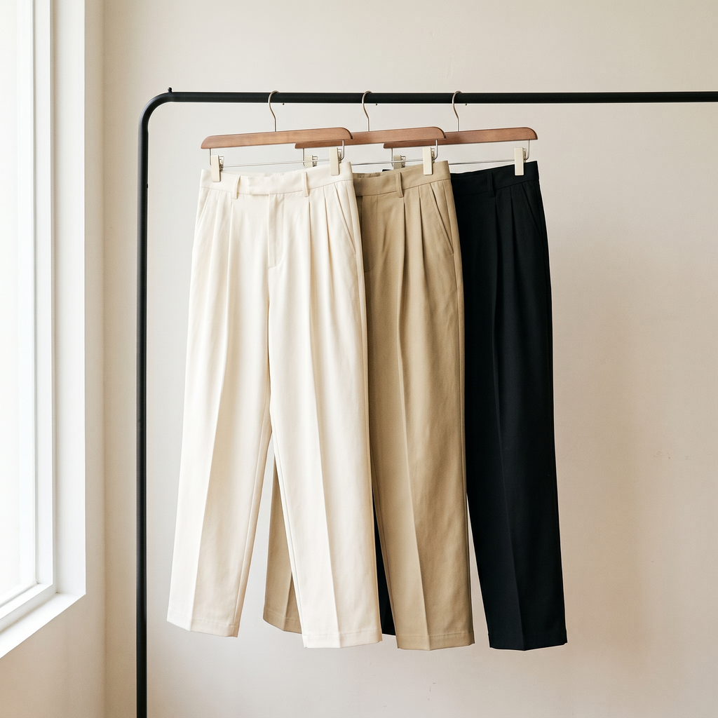 Aren trousers in white, khaki and black on a rail