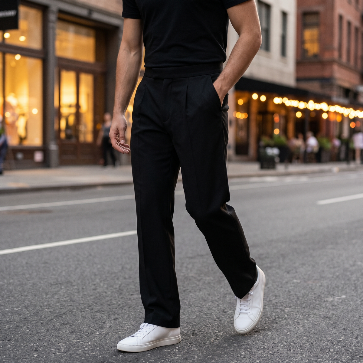 Aren black pleated trousers worn on a city street at dusk
