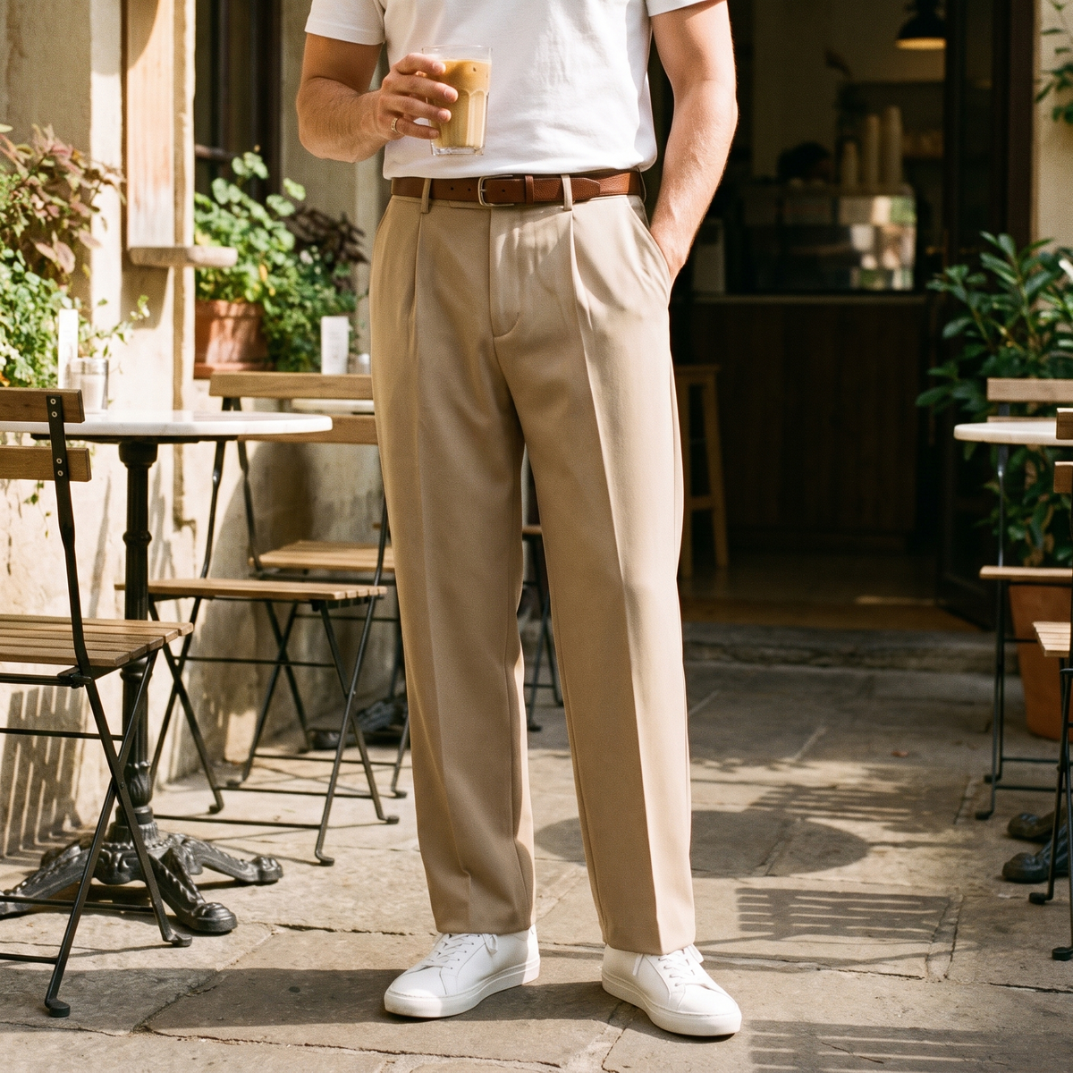Aren khaki pleated trousers worn in a cafe courtyard