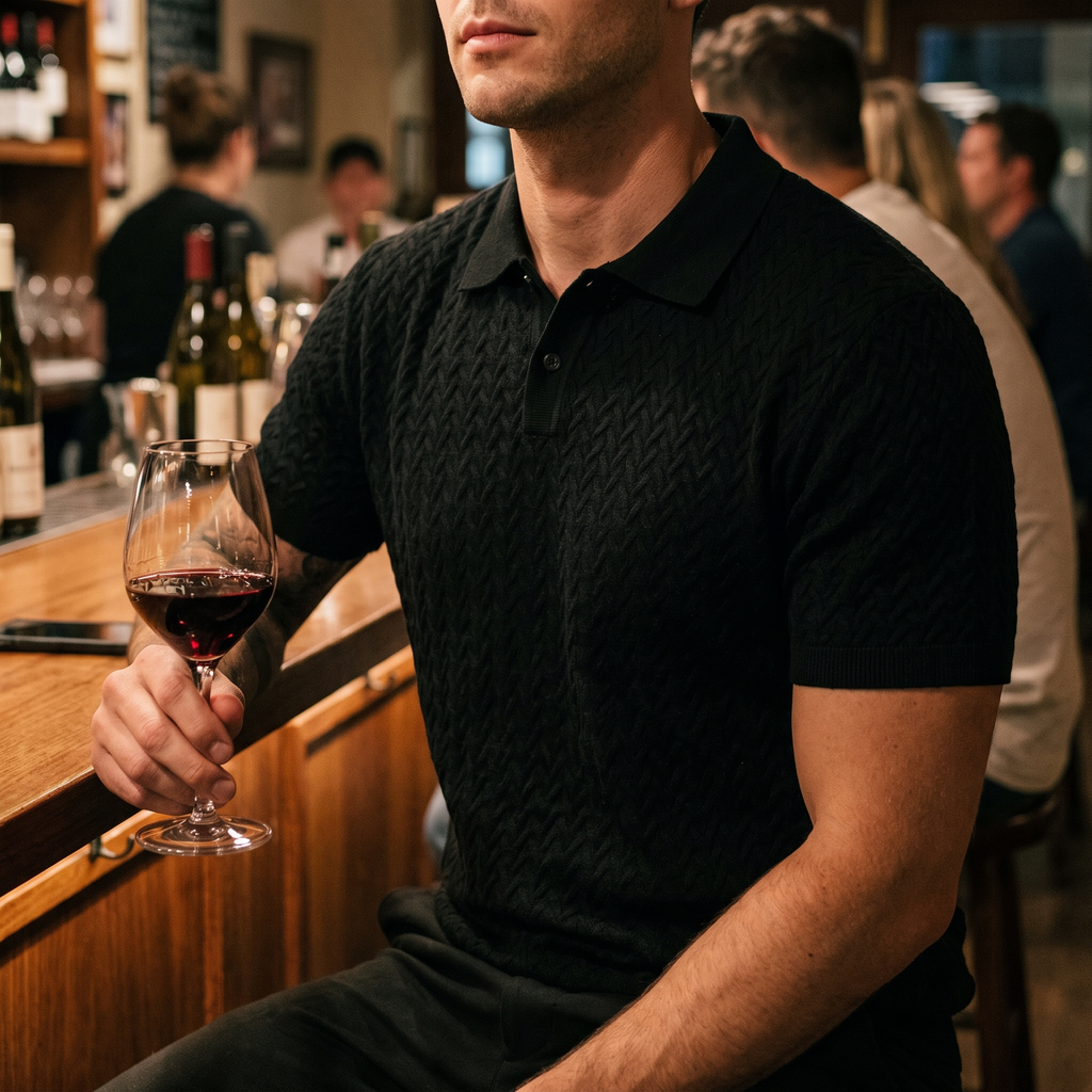 Callan black textured knit polo worn at a wine bar