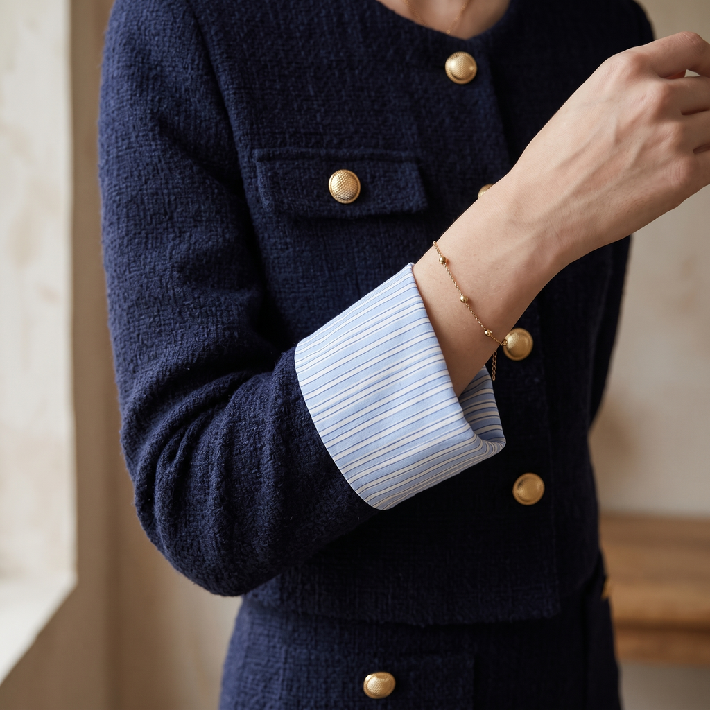 Close up of the Celeste blazer gold buttons and striped cuffs