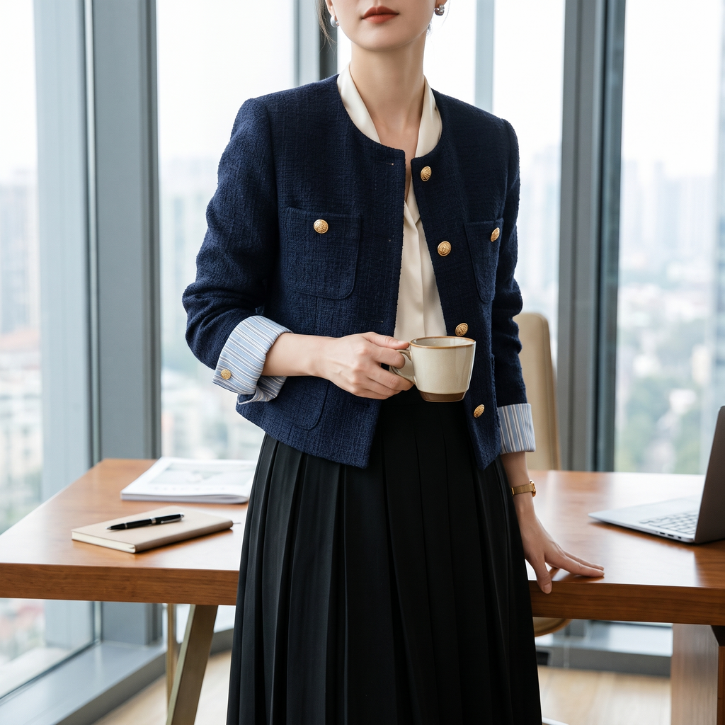 Celeste navy tweed blazer worn in an office