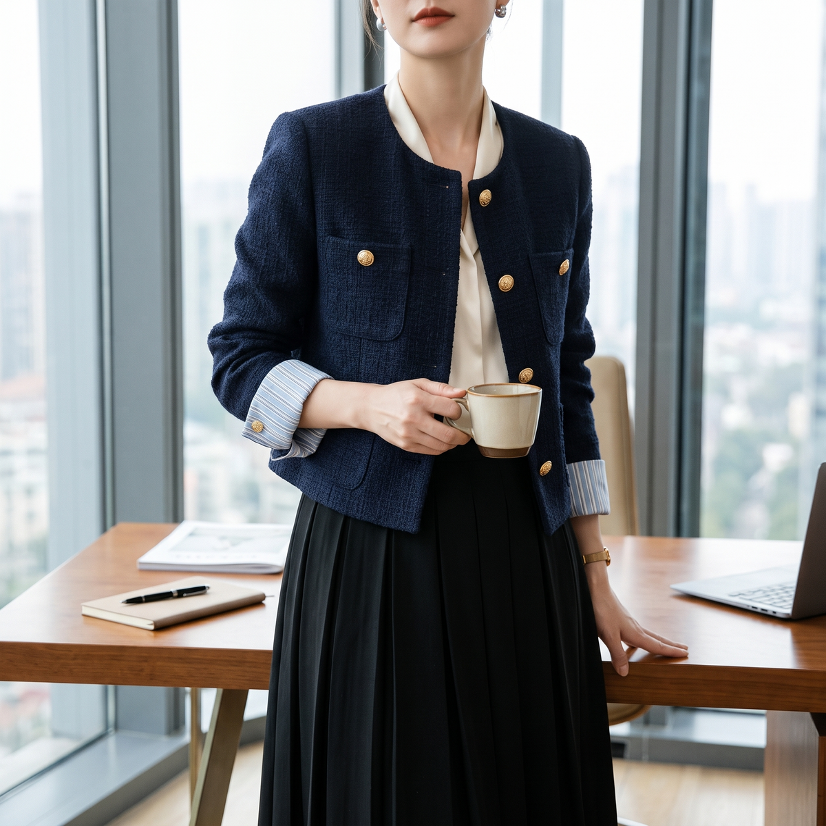 Celeste navy tweed blazer worn in an office