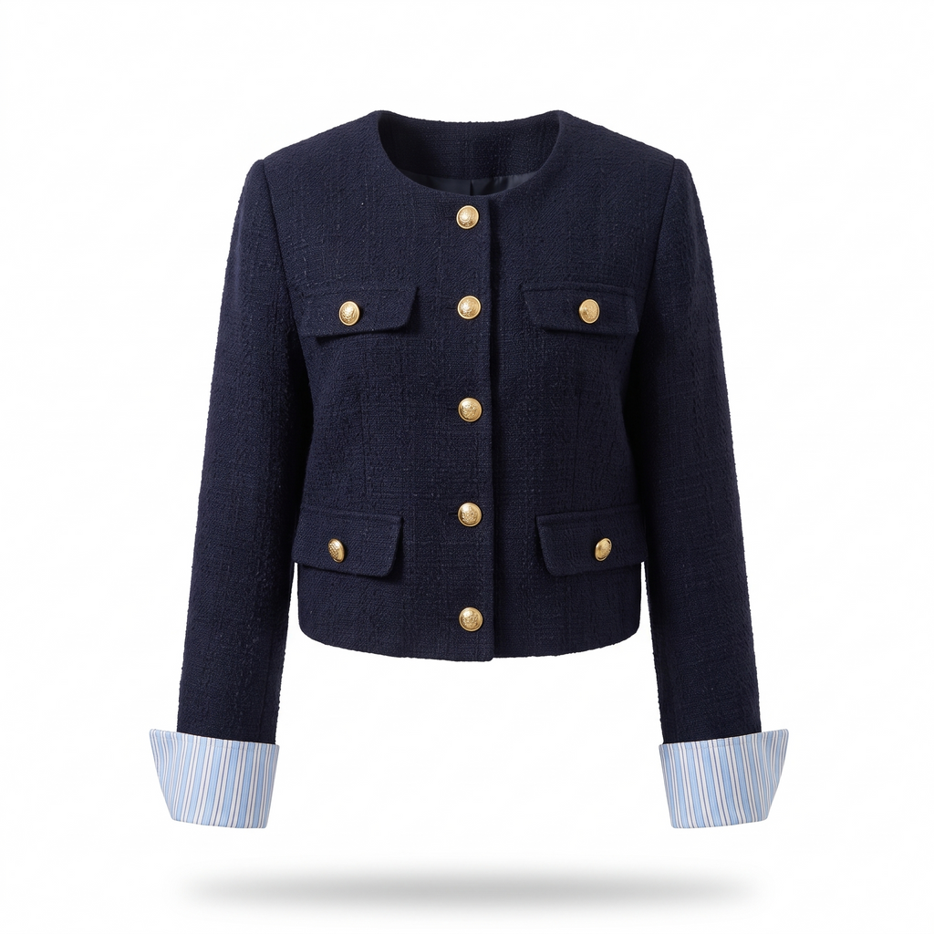 Celeste tweed cropped blazer in navy on white