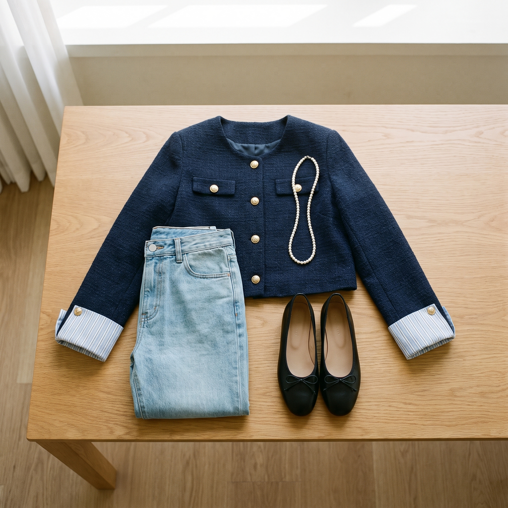 Celeste navy tweed blazer styled flat with jeans