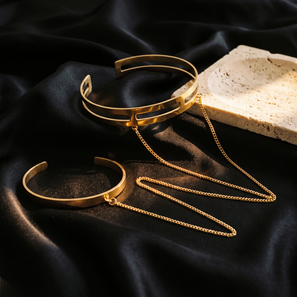 Delphine gold arm and wrist chain cuff on black silk