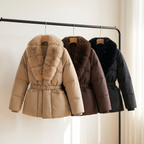Elodie parkas in khaki, brown and black on a rail