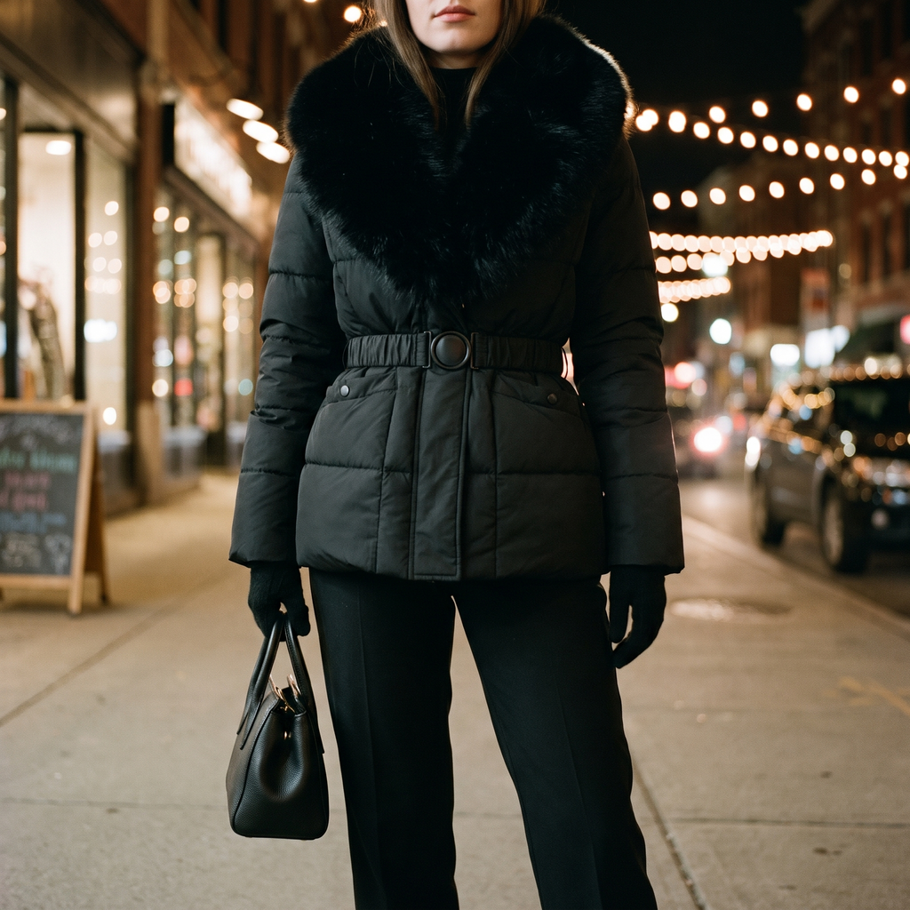 Elodie black belted parka worn in the city at night