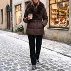 Elodie brown belted parka worn on a winter street