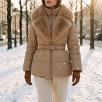 Elodie khaki belted parka with faux fur collar worn in the snow