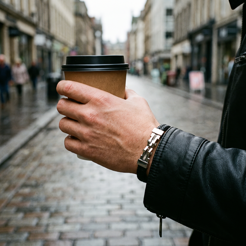 Atlas wide braided bracelet worn holding a coffee on the street