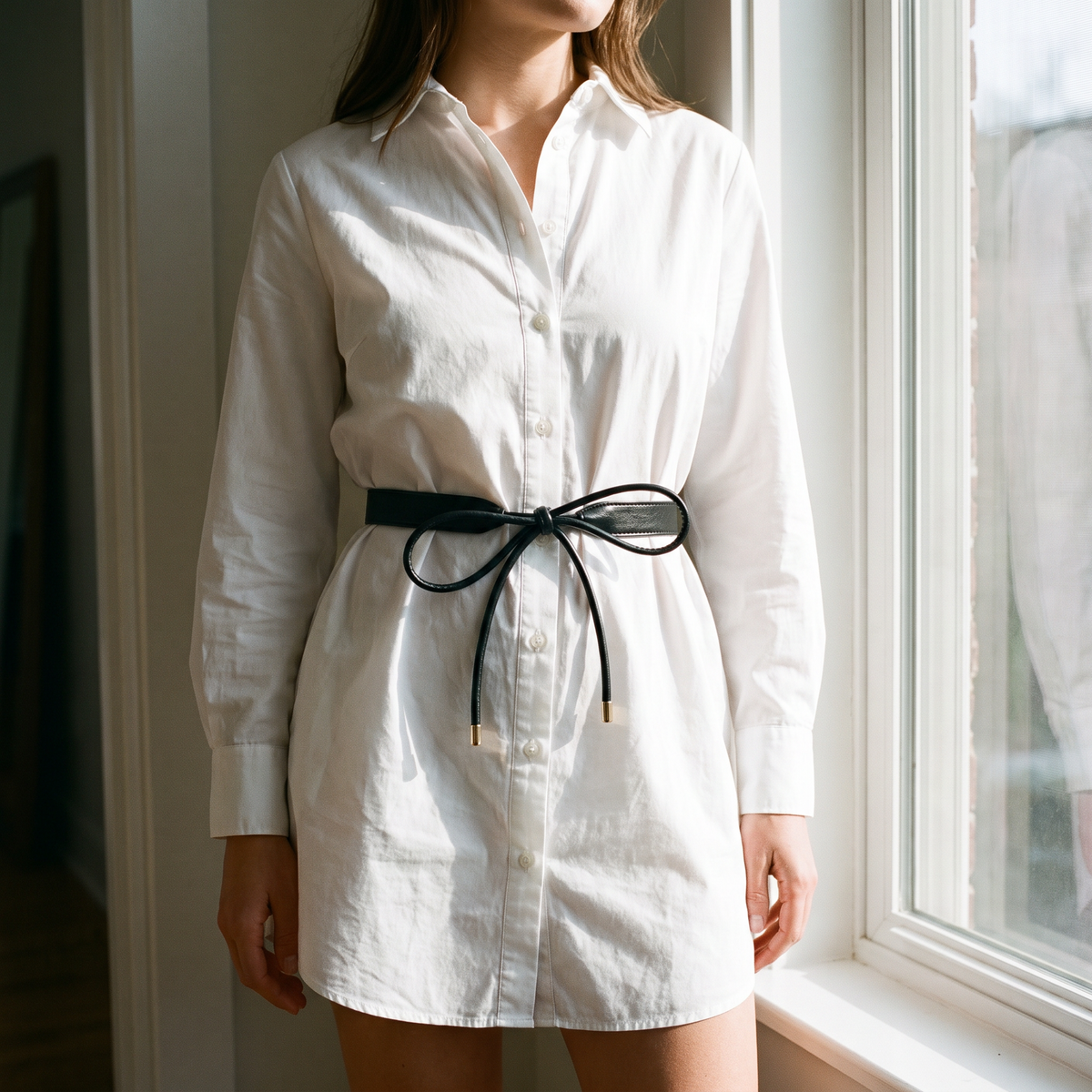 Juliet black bow tie belt worn over a white shirt dress