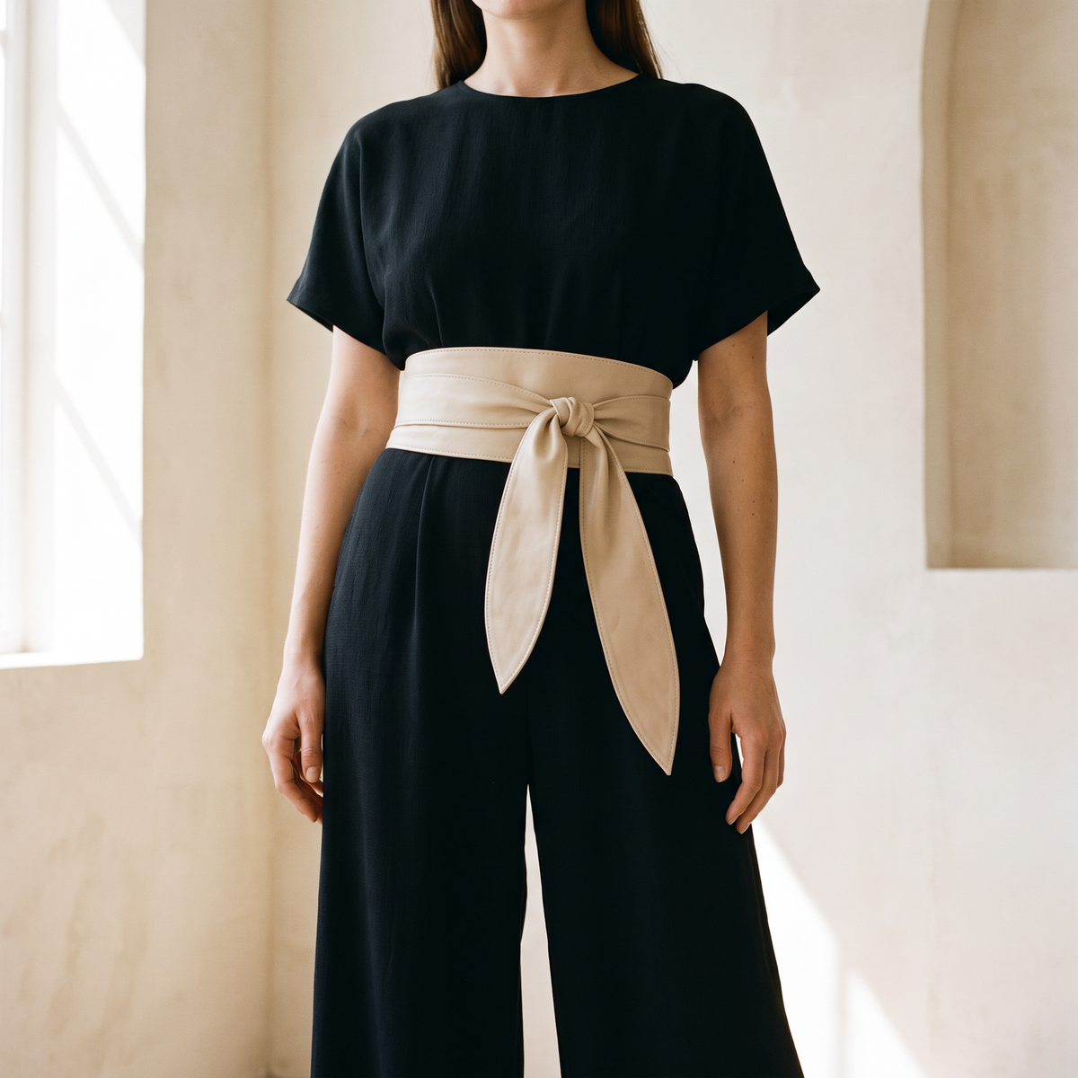 Odette beige wide obi tie belt worn over a black jumpsuit