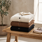 Hollis knit cardigans in black, brown and white folded