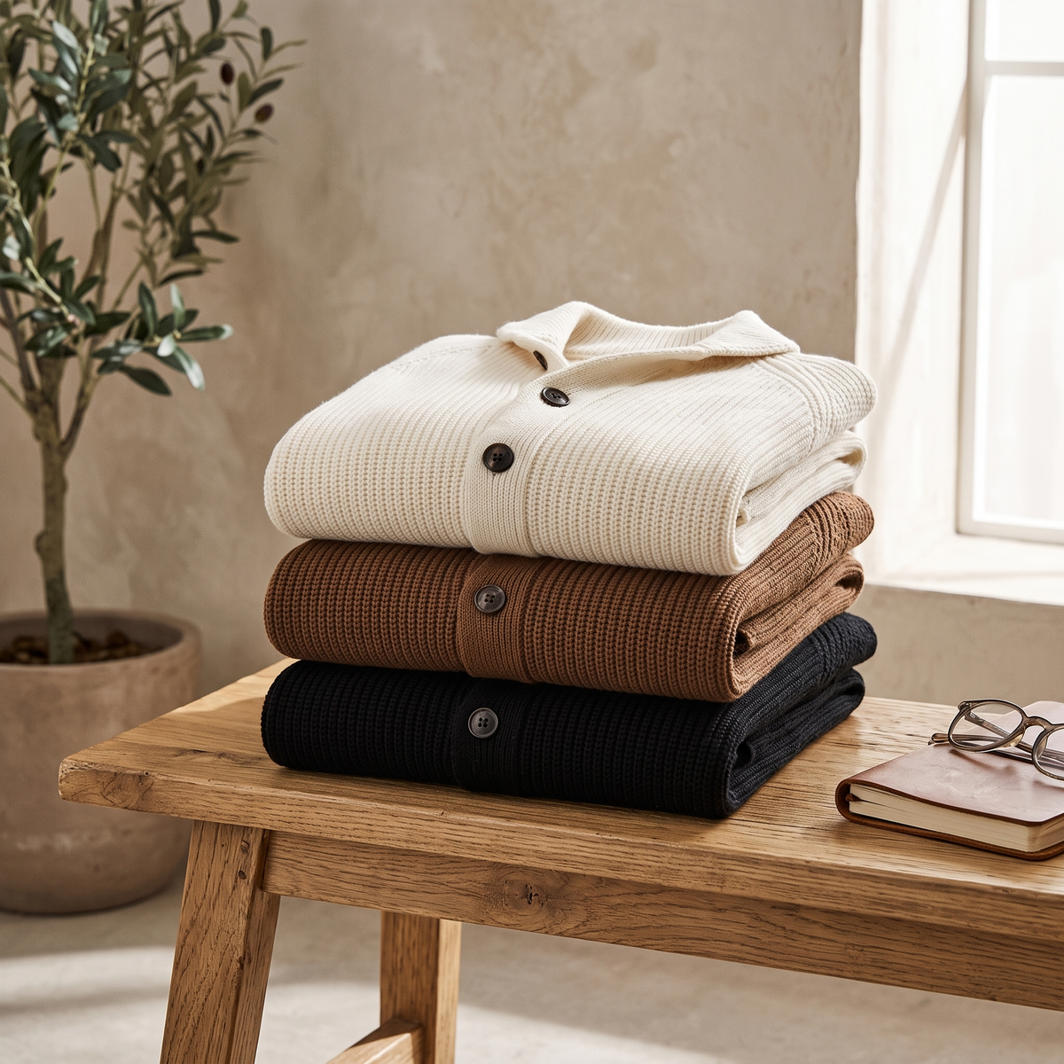 Hollis knit cardigans in black, brown and white folded