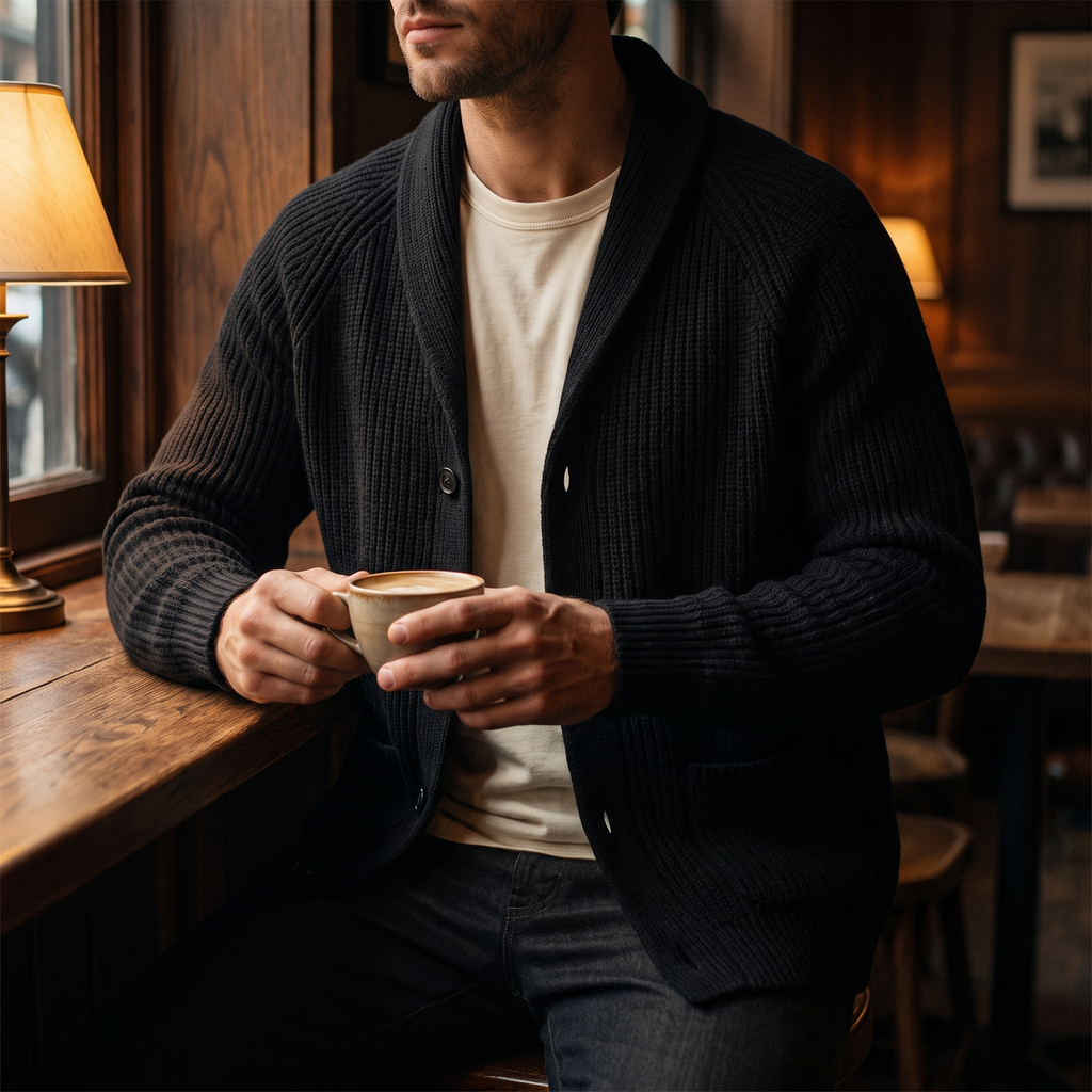Hollis black button knit cardigan worn in a cafe