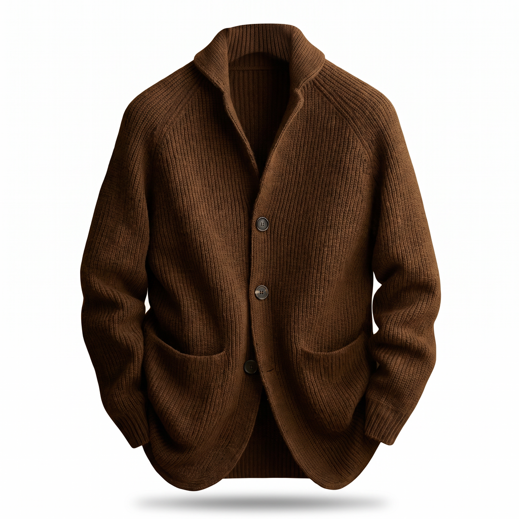 Hollis button knit cardigan in brown on white