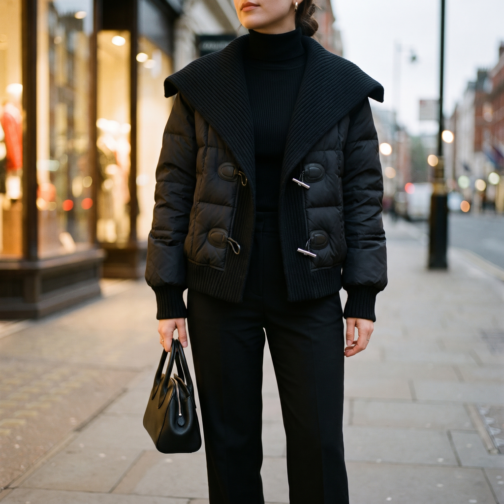Margaux black puffer jacket worn in the city at dusk