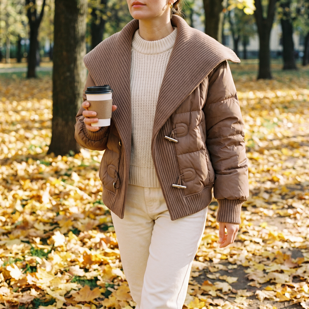 Margaux brown puffer jacket worn in an autumn park