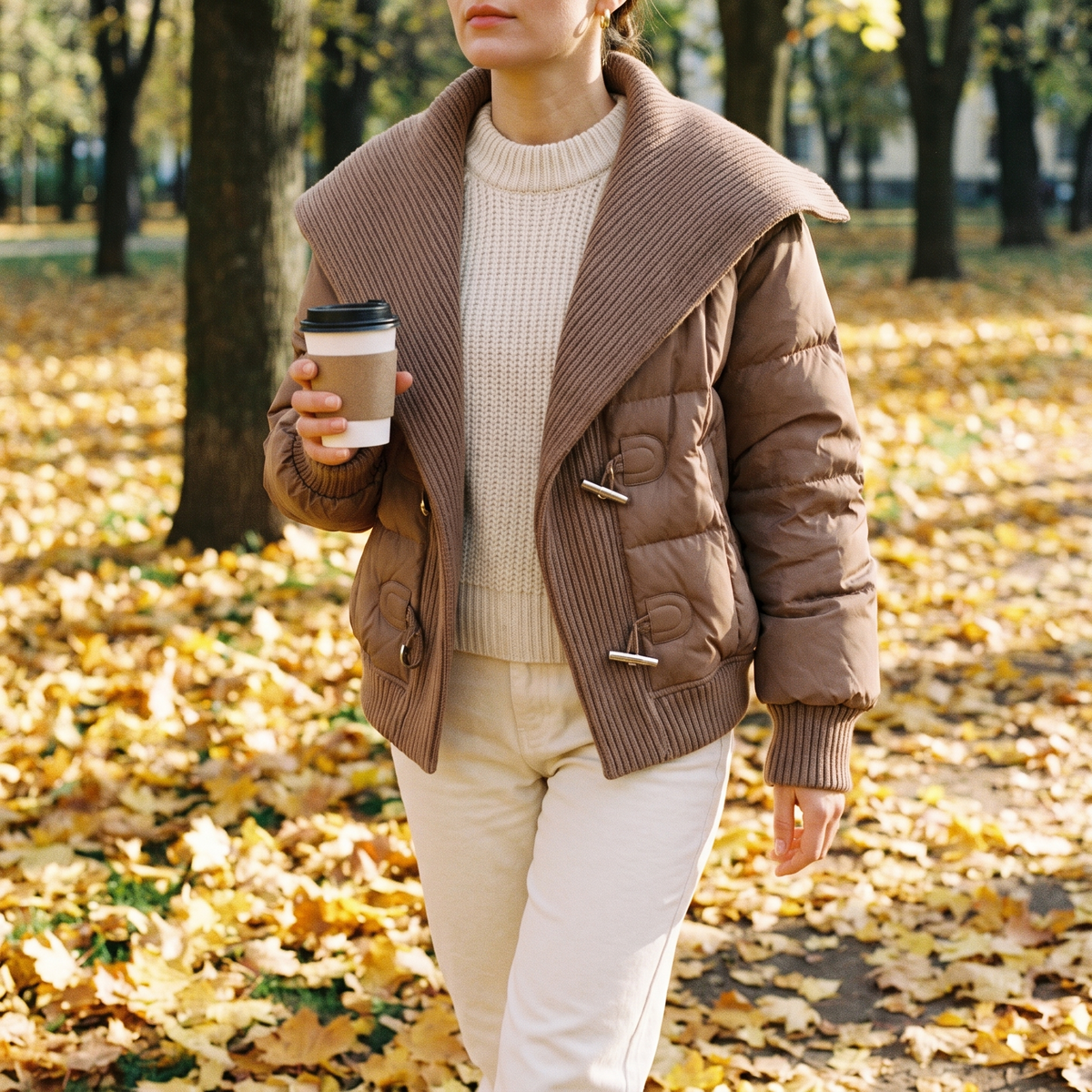 Margaux brown puffer jacket worn in an autumn park