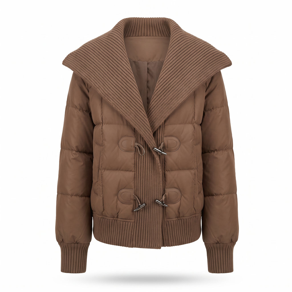 Margaux knit collar puffer jacket in brown on white