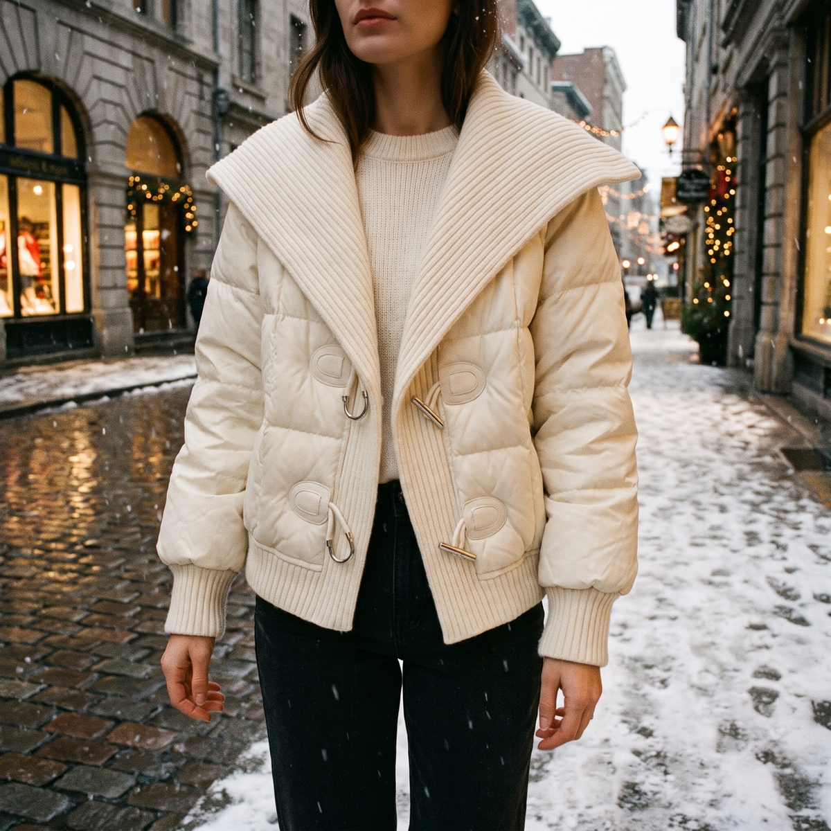 Margaux white knit collar puffer jacket worn on a snowy street