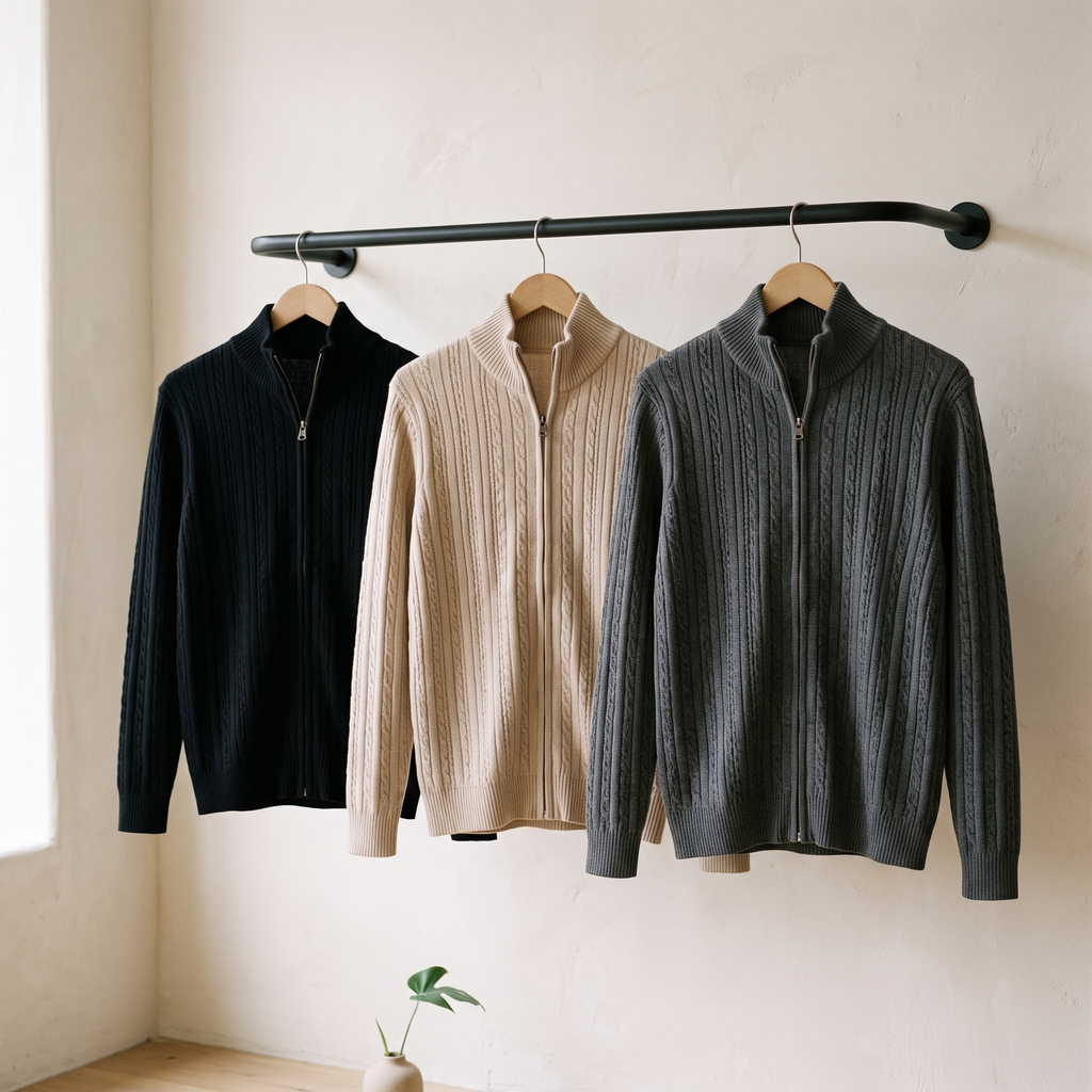 Marlow zip knit jackets in black, beige and dark grey on a rail