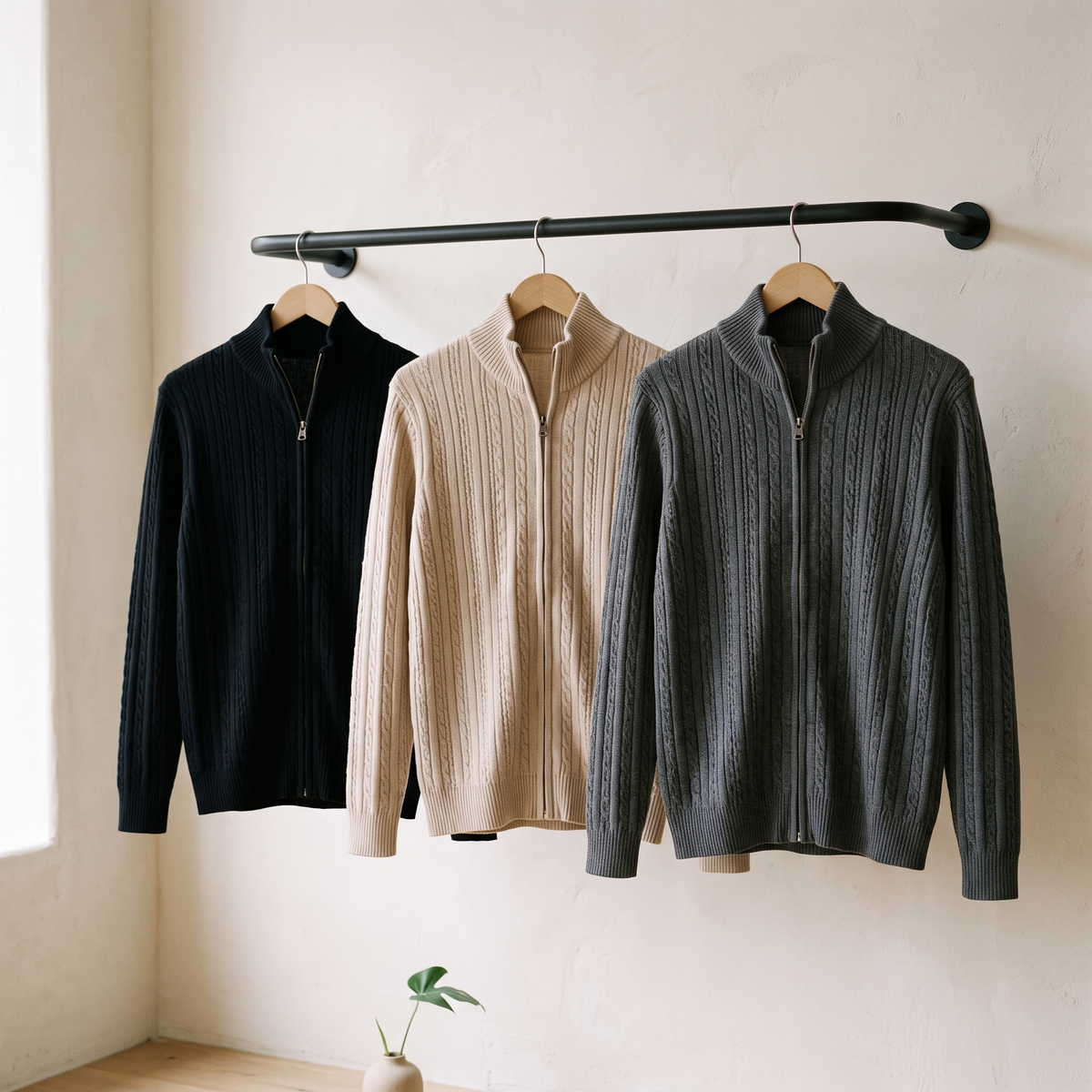 Marlow zip knit jackets in black, beige and dark grey on a rail