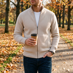 Marlow beige zip knit jacket worn in an autumn park