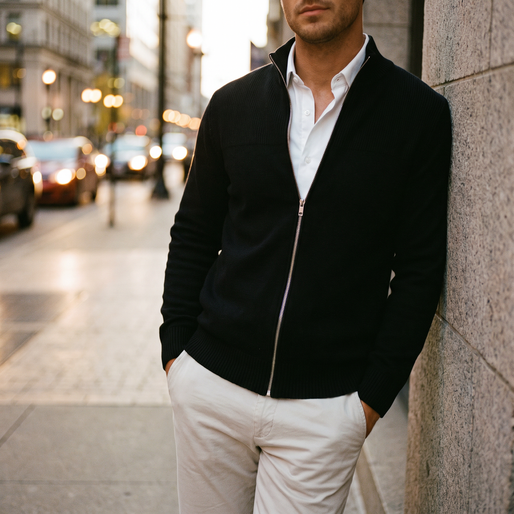 Marlow black zip knit jacket worn on a city street at dusk