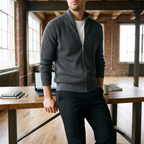 Marlow dark grey zip knit jacket worn in a loft office