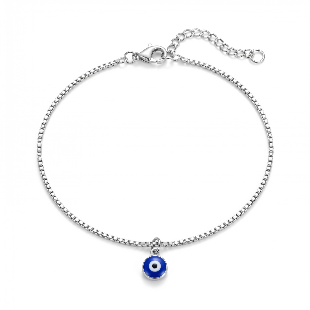 Mati evil eye anklet in silver on white