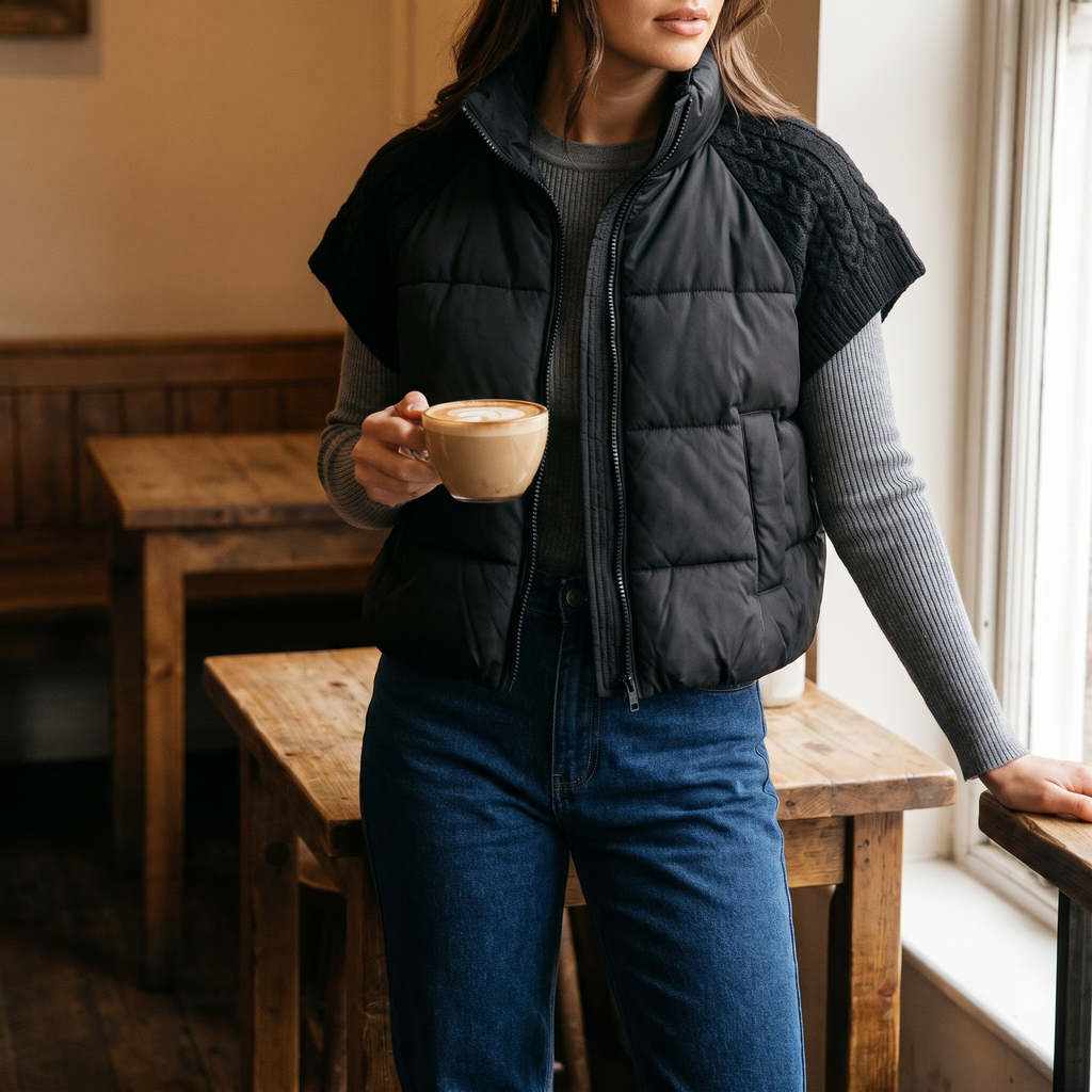 Nora black puffer vest worn in a cafe