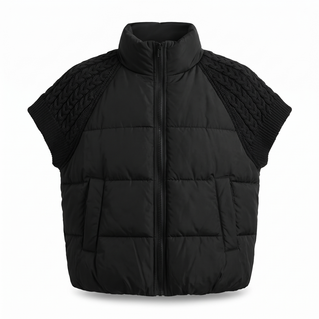 Nora knit sleeve puffer vest in black on white