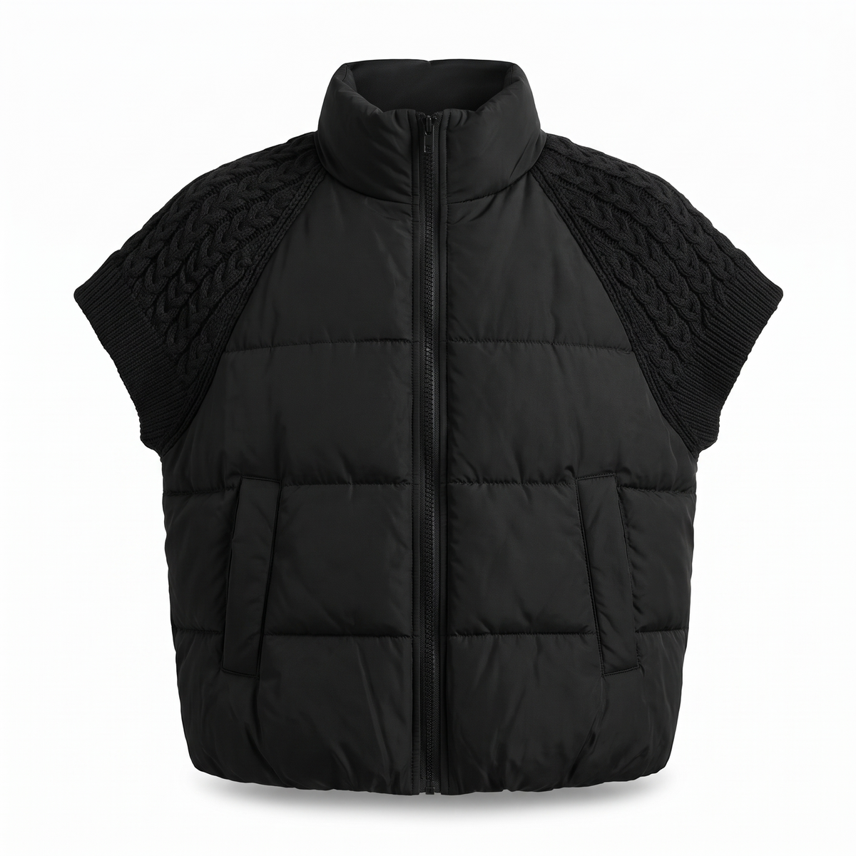 Nora knit sleeve puffer vest in black on white