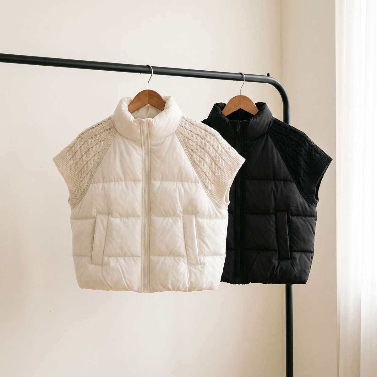 Nora puffer vests in white and black on a rail