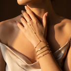Ondine gold hand chain set worn, hand resting at the collarbone