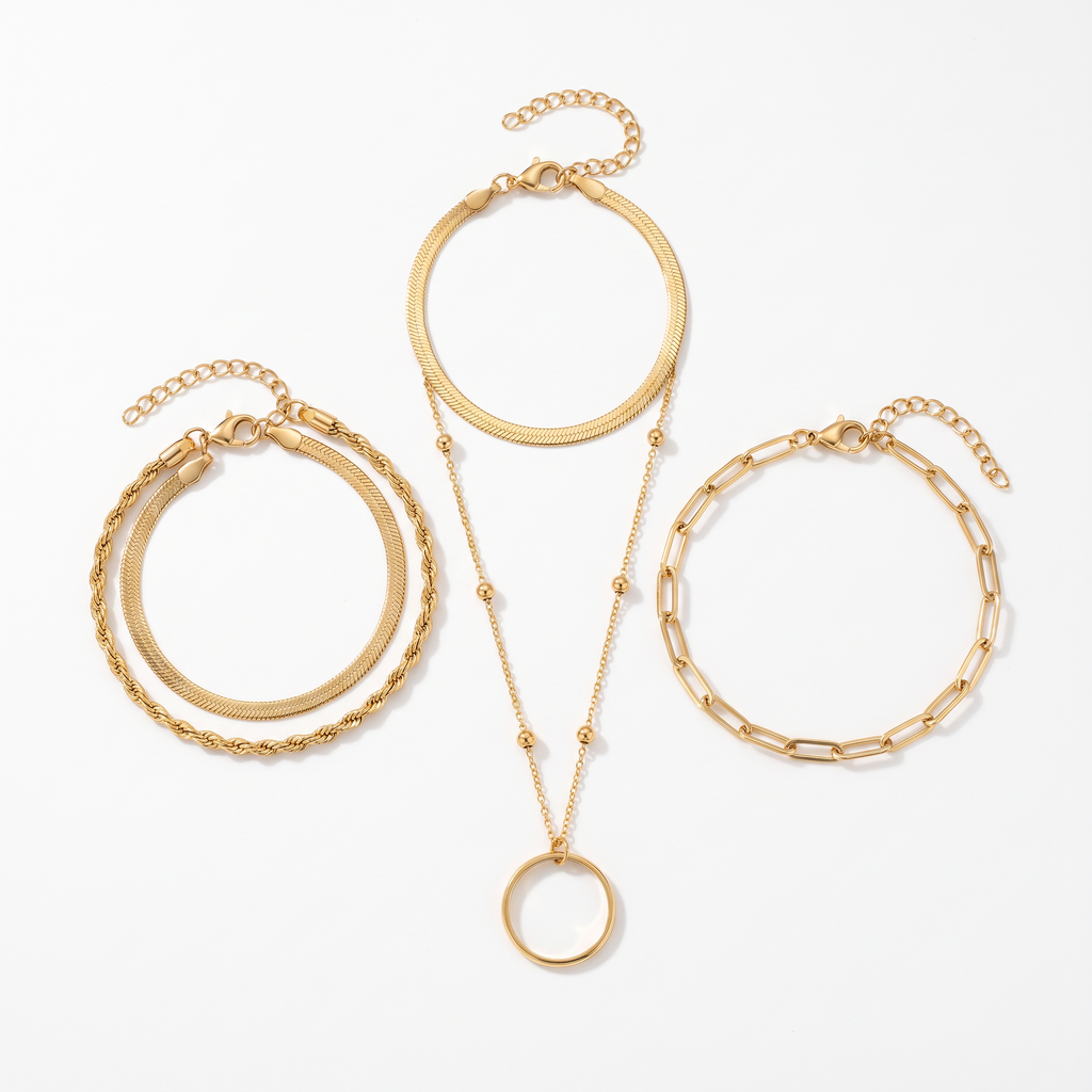 Ondine set of 4: hand chain, herringbone, rope and paperclip bracelets on white