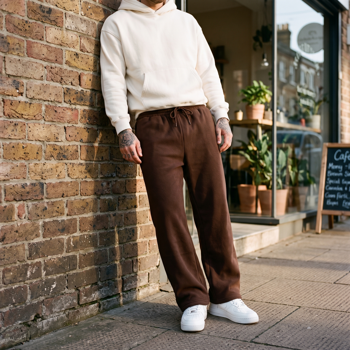 Reid brown wide leg sweatpants worn outside a coffee shop