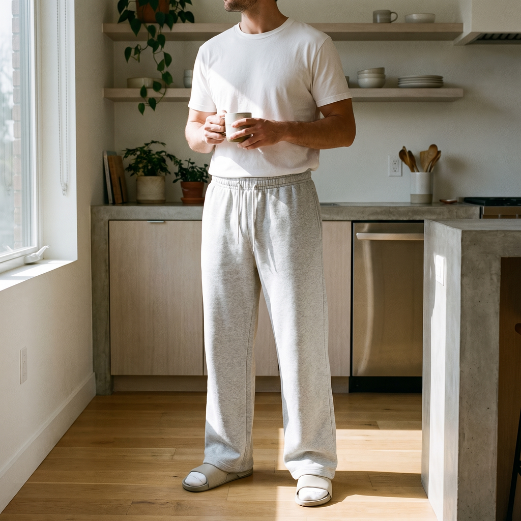Reid light grey wide leg sweatpants worn at home