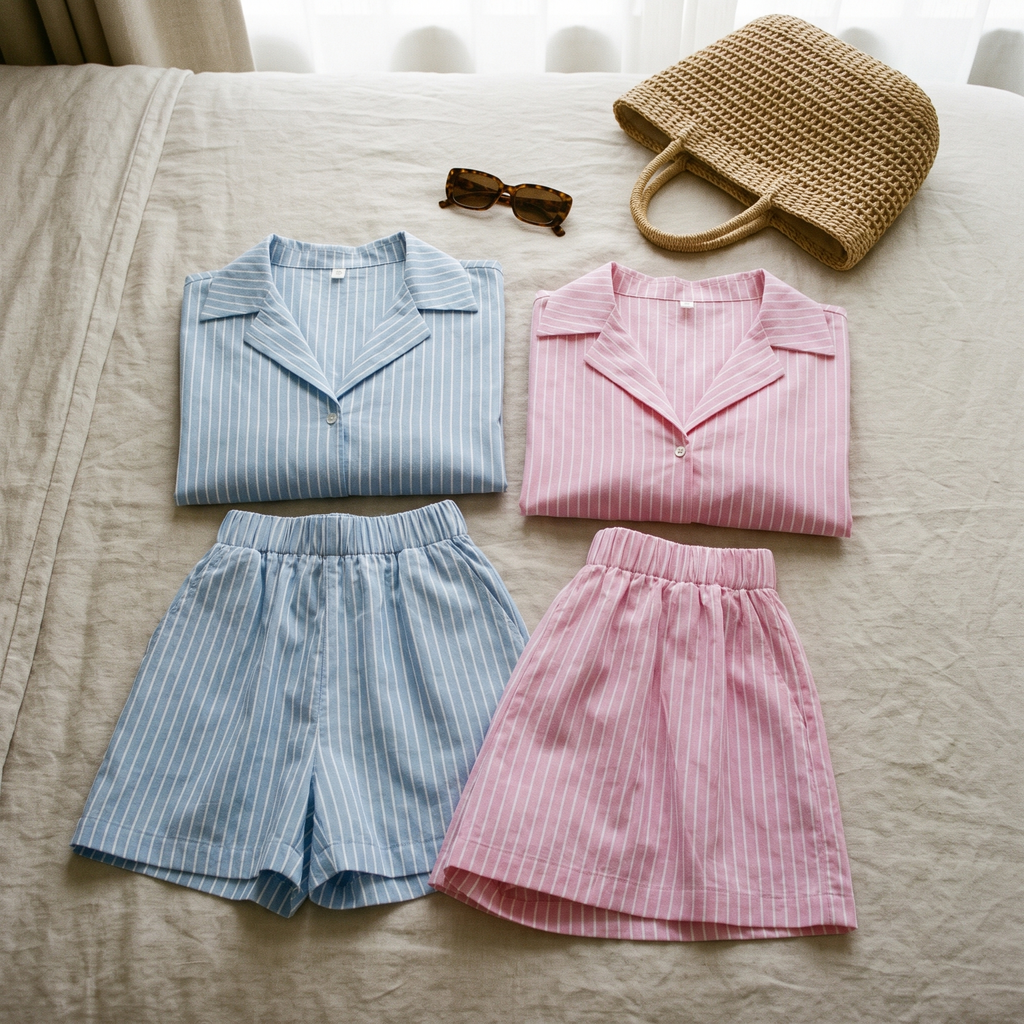 Rosa pinstripe sets in blue and pink laid flat