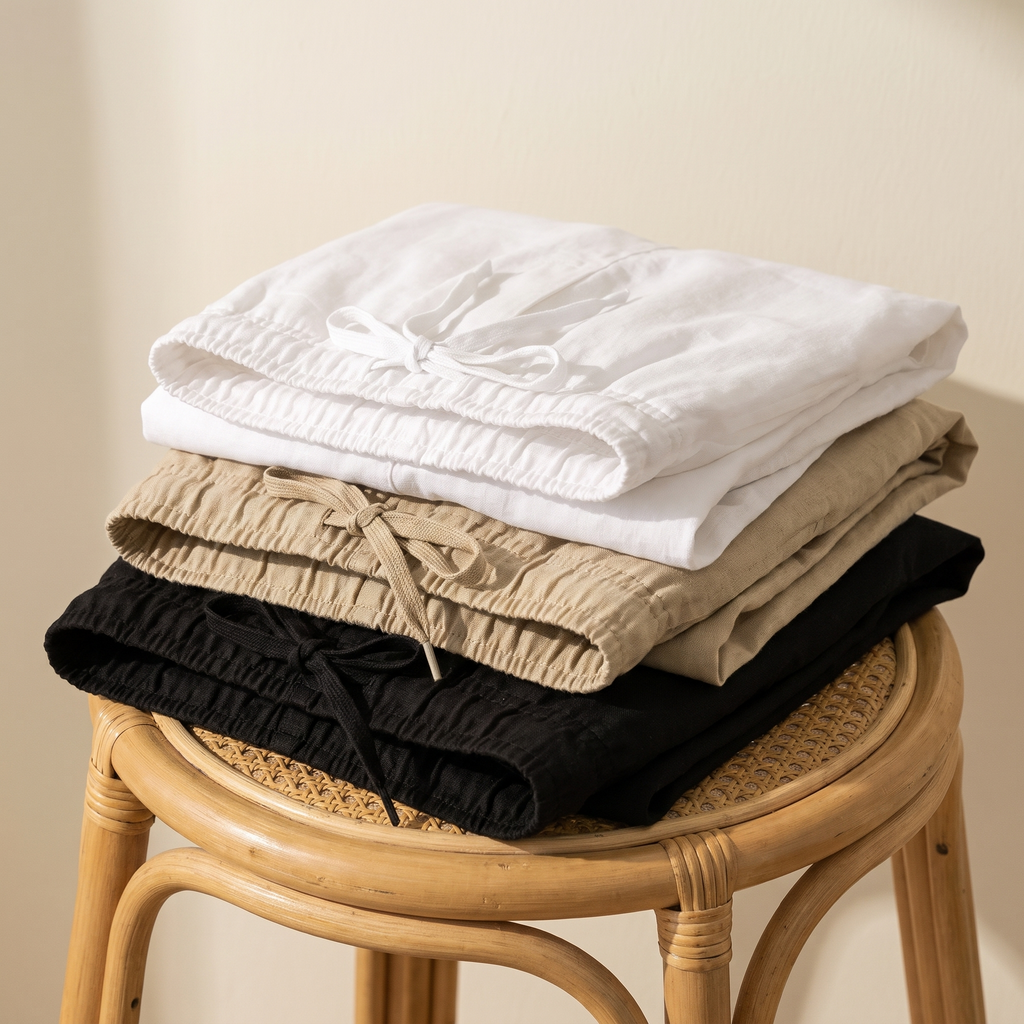 Tobin linen shorts in khaki, white and black folded