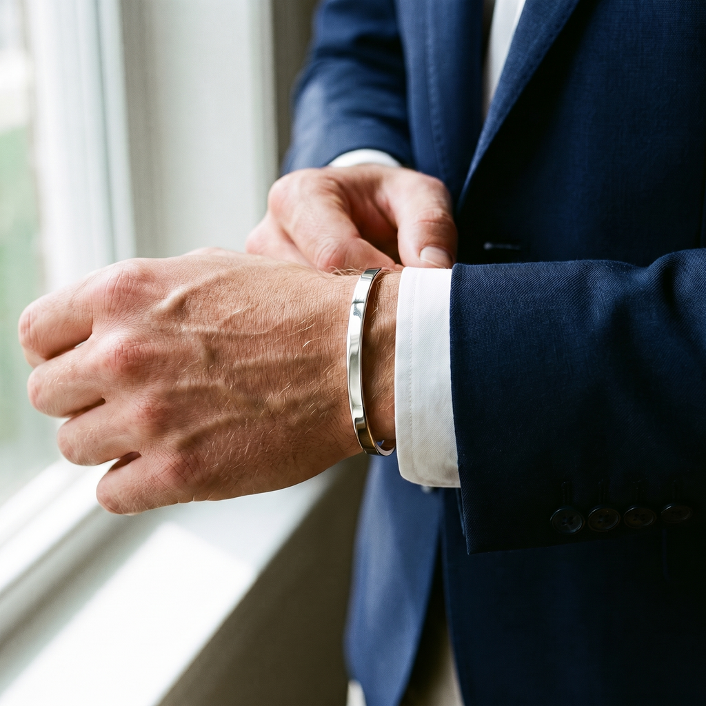 Vance open cuff bangle, slim 3.5 mm white gold tone, worn with a navy blazer