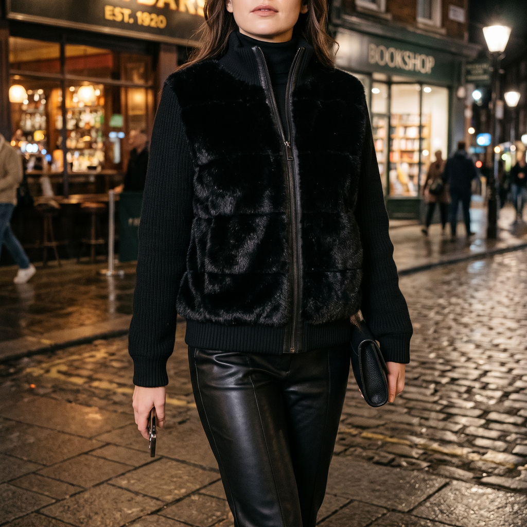 Vivienne black faux fur jacket worn at night
