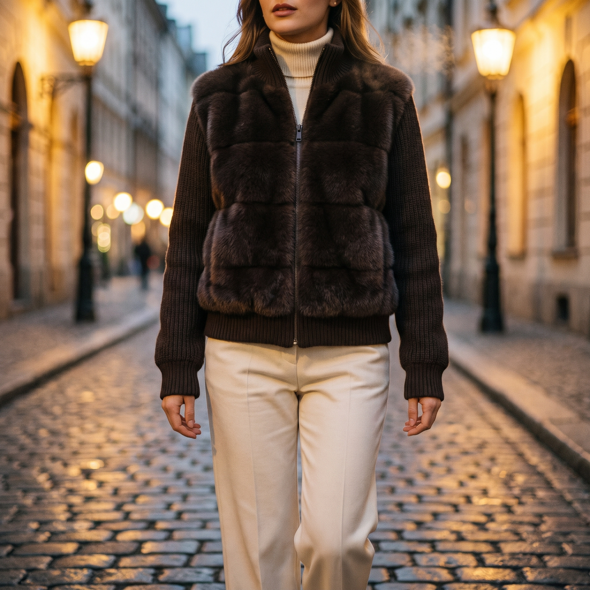 Vivienne dark brown faux fur jacket worn on a winter city street