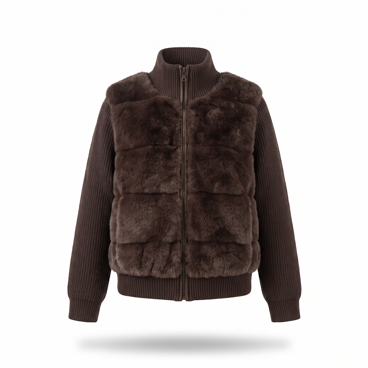 Vivienne faux fur knit sleeve jacket in dark brown on white