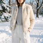Vivienne white faux fur jacket worn in the snow