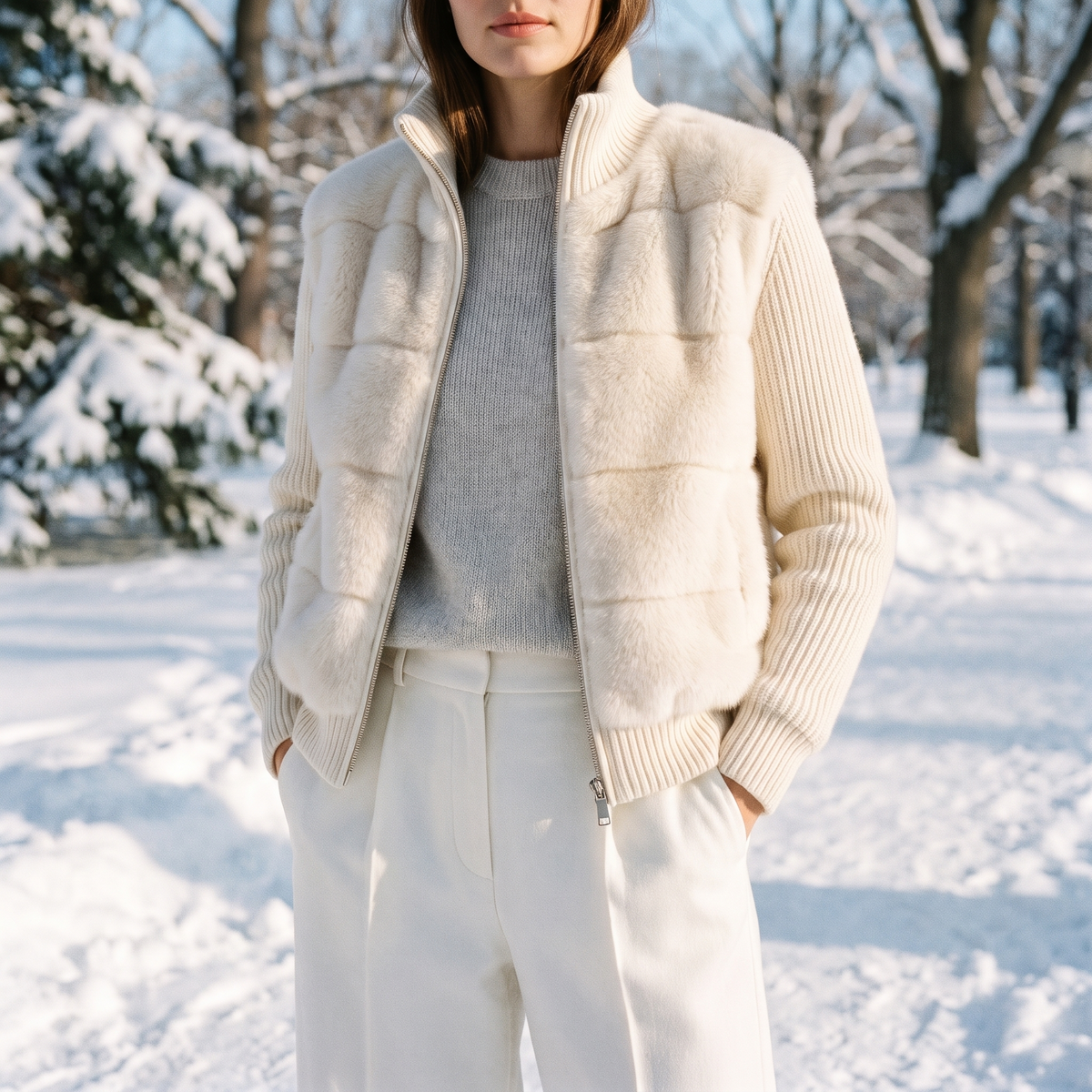 Vivienne white faux fur jacket worn in the snow